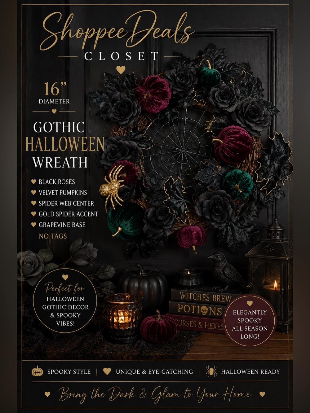 16” Gothic Halloween Wreath Black Roses Velvet Pumpkins Spider Web